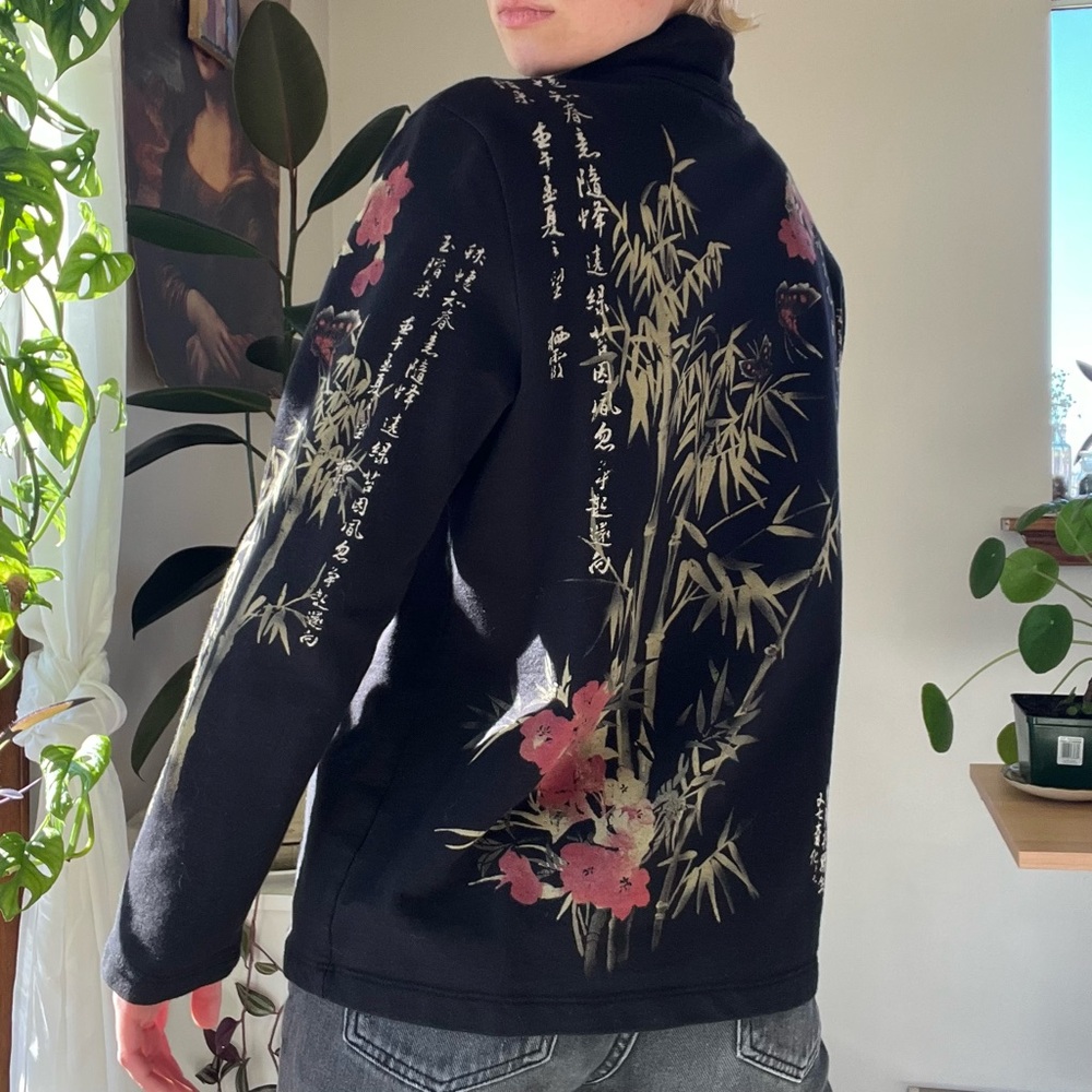 Y2K Cactus Black Bling Floral Bamboo Butterfly Print Lightweight Zip Up Jacket - Picture 5 of 10